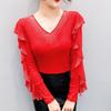 Spring Autumn Women's Ruffles Sleeve T-Shirt Elegant V-neck Tees Slim Ladies Tops With Rhinestone