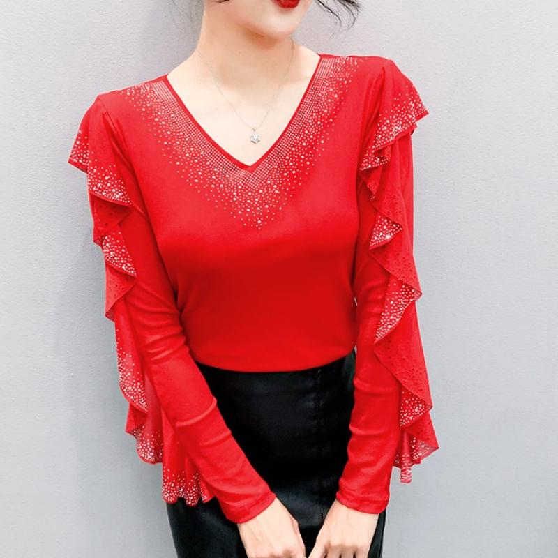 Spring Autumn Women's Ruffles Sleeve T-Shirt Elegant V-neck Tees Slim Ladies Tops With Rhinestone