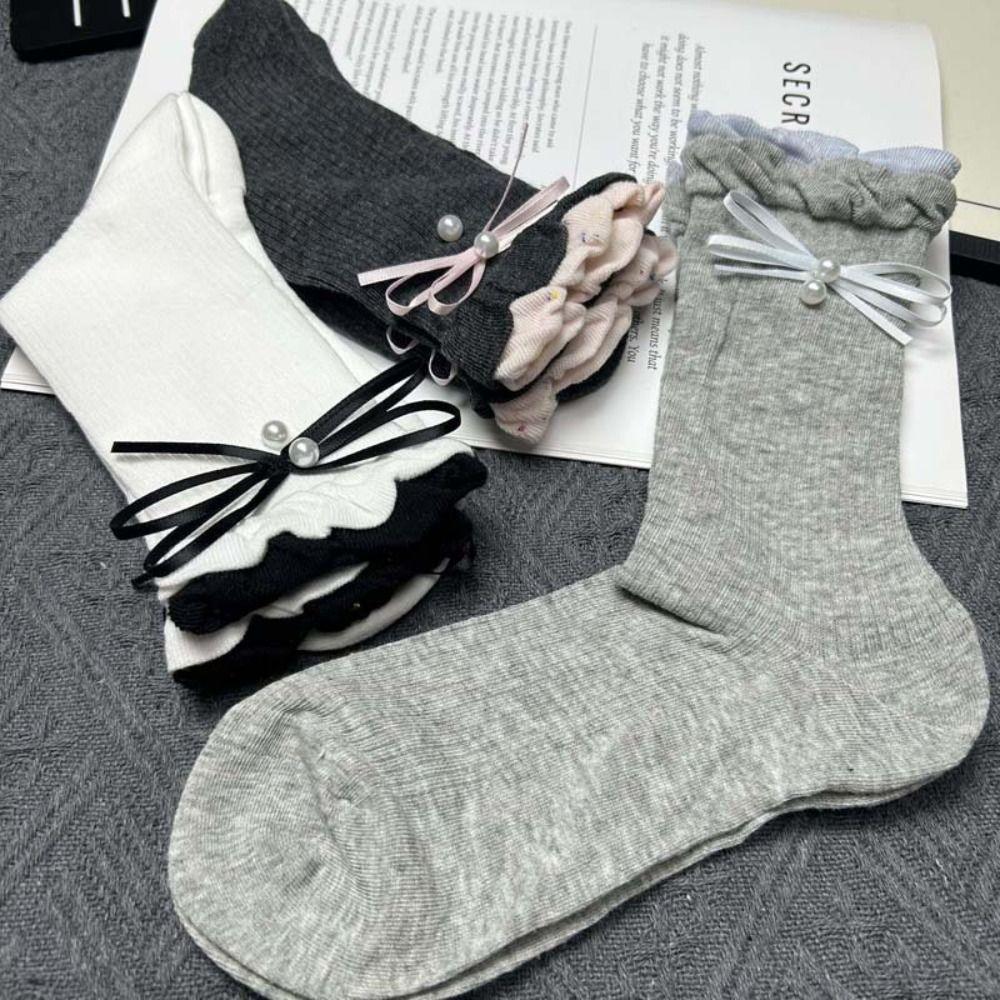 5Pairs Ins Style Bowknot Pearl Socks Thin Sweet Socks Women Soft Mid Tube Socks  Lady