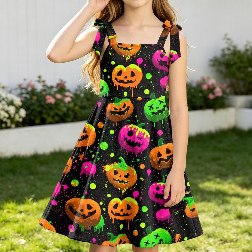 Girls Halloween Print Sleeveless Strap Dress for Party Celebrations