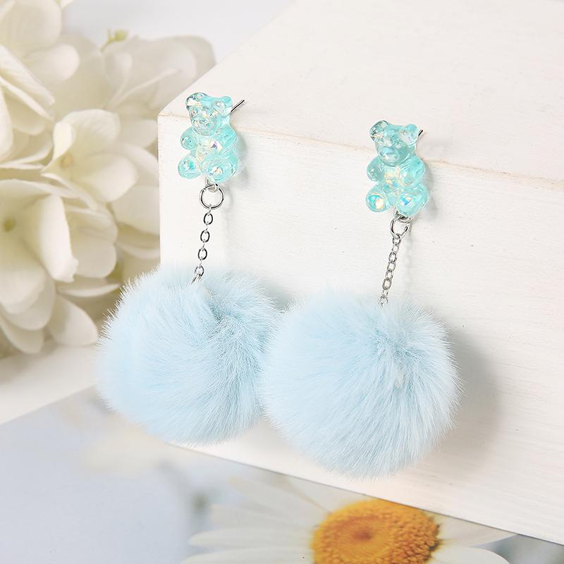 

1Pair Cute Pompom Stud Earring Multicolours Resin Candy Bear Charms With Puffer Ball Fashion Woman Jewelry Birthday Gift синій