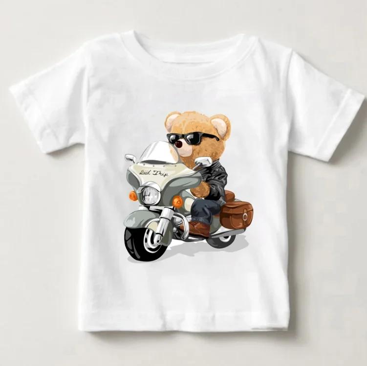 Boys and Girls Ride Motorcycles and Cars in White T-shirts Printed with Bears, Harajuku Baby Fun Clothes, Tops