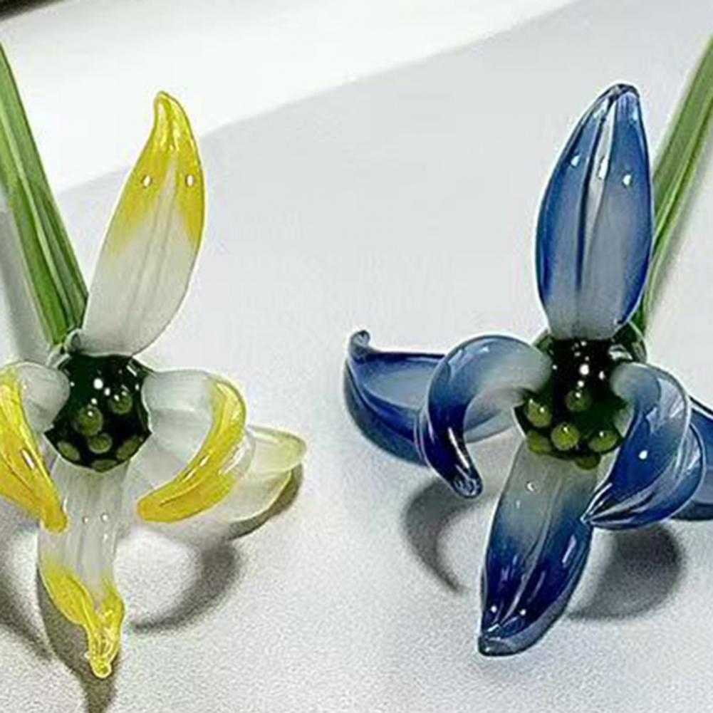 Glass Orchid Flower Decoration Hand-Blown Mini Floral Ornament With Stem Home Office Indoor Colorful Blossom Figurine