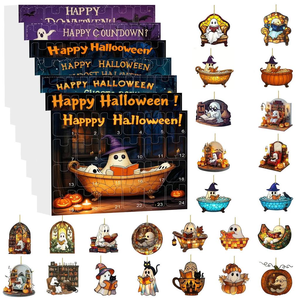 Lesender Geist Acryl Flachanhänger Set Halloween Dekorationen 24 Stile Geist Lesen 2D Ornament 24-Tage Countdown Sammlerstück