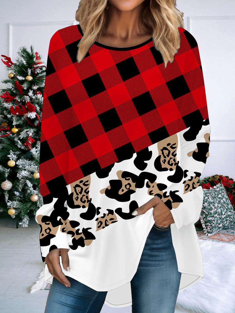 Plus Size Women Spring Christmas Printed Comfy Long Sleeve Round Collar T-shirt Casual Baggy Mid Length Tee Tops