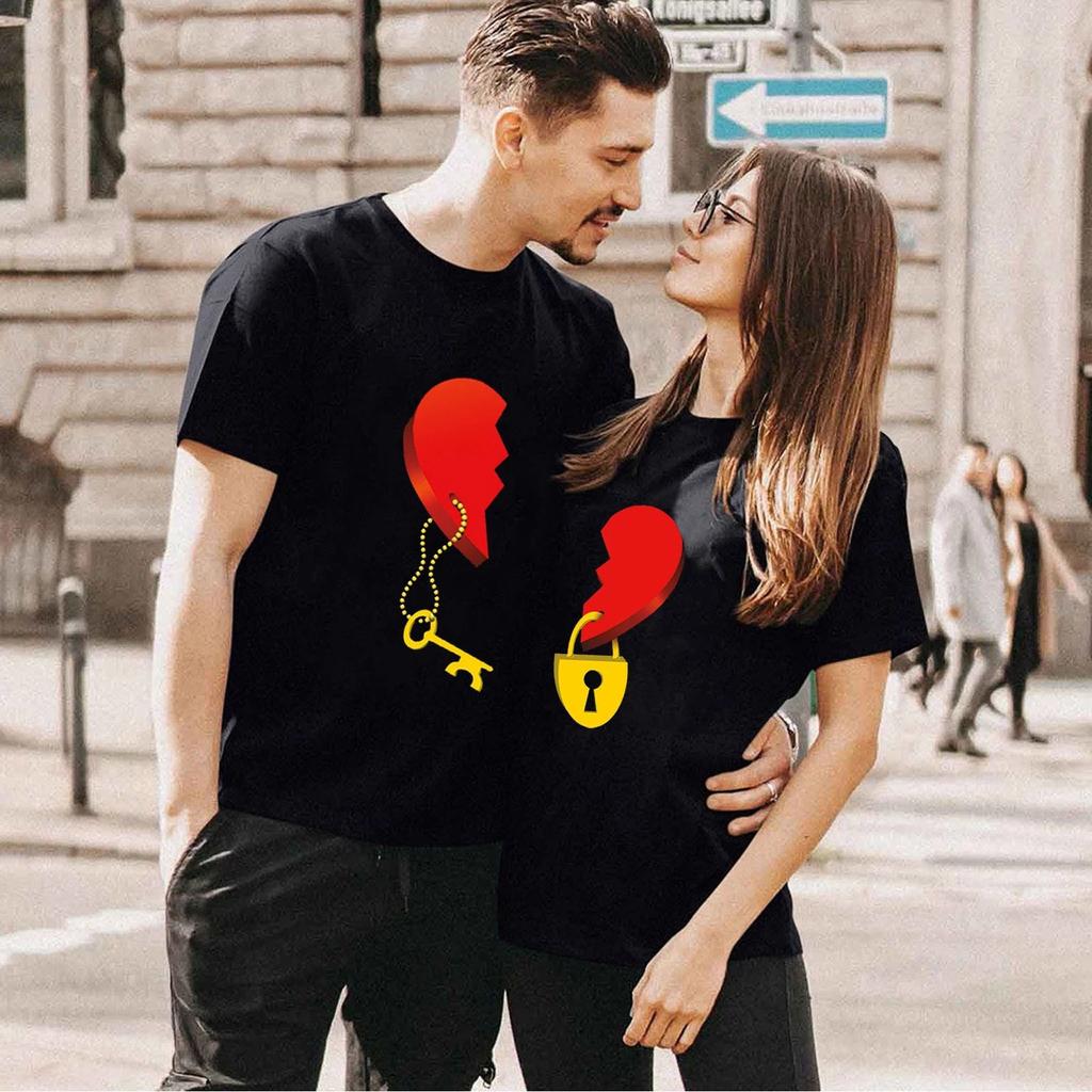 Couples T Shirt Heart Key Lock Mr Mrs Print Couple Tshirt Summer King Queen T-shirt Casual O-Neck Tops Lovers Tee Shirt