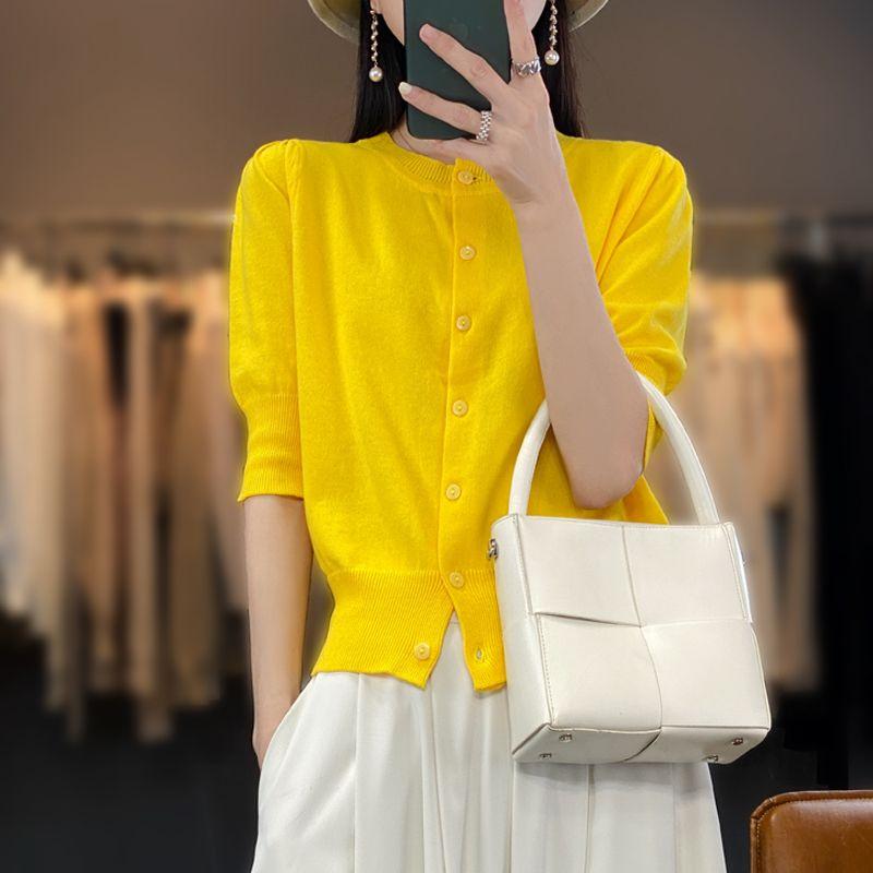

Кардиган женский короткий из чистого хлопка, вязаный, с коротким рукавом, короткое пальто, футболка с рукавом до локтя, завышенная талия, кроп-топ, весна и лето Yellow M