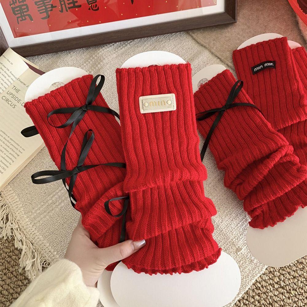 Japanese Christmas Knee Socks Y2k Bow Knitted Leg Socks Sweet New Year Red Socks  For Girl