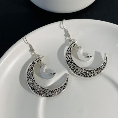 Retro Star Moon Hook Earrings Female Double Moon Hollow Design