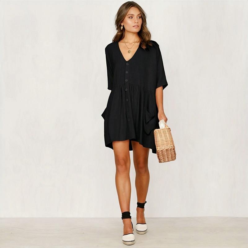 

Новая хлопковая накидка на бикини, сексуальная плиссированная свободная мини-юбка с v-образным вырезом и карманами, летняя повседневная женская пляжная накидка на купальник Q771 One Size глубокий/чёрный