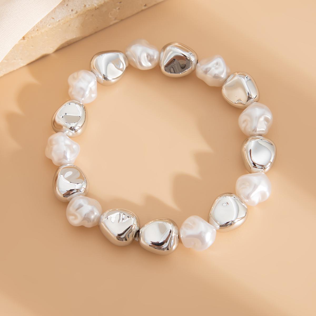 Salircon Fashion Designer Smooth Chunky Metal Spring Bangles Woman Simple Charm Irregular Imitation Pearl CCB Beads Bracelet