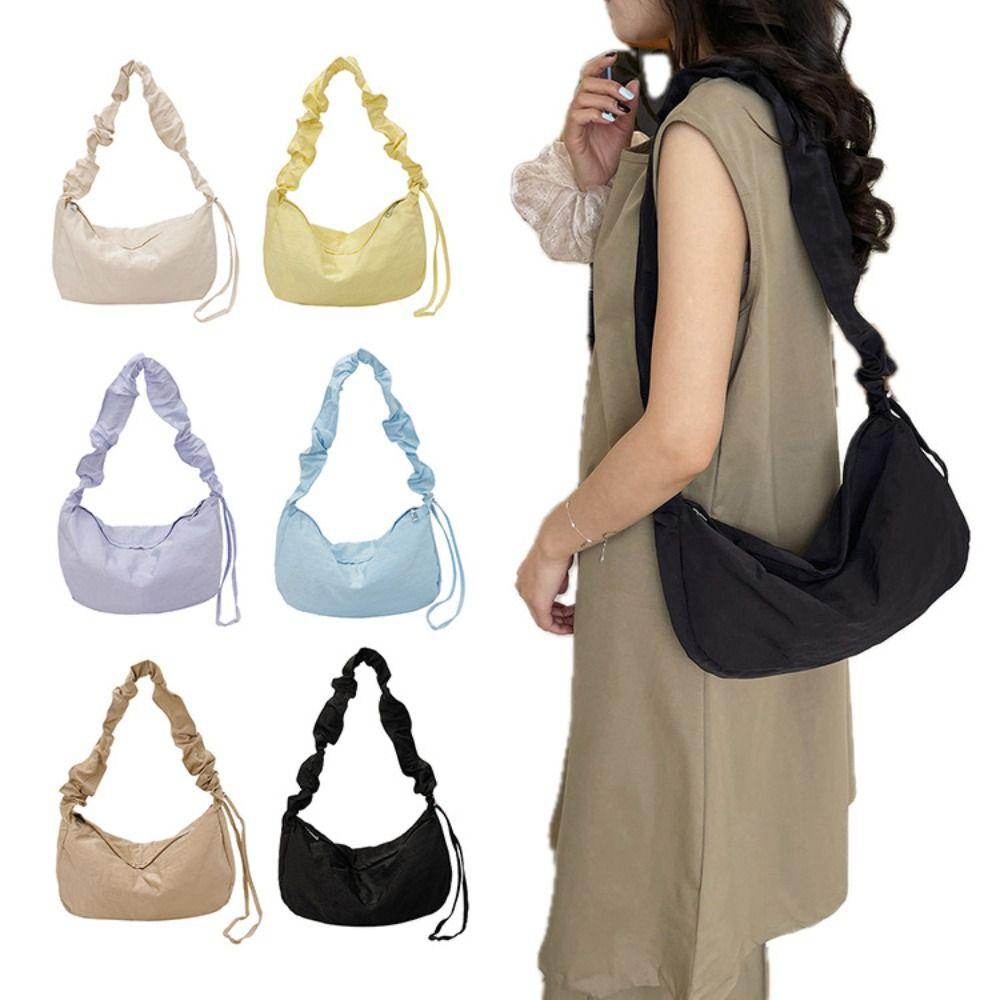 Solid Color Nylon Crossbody Bag Korean Style Canvas Dumpling Bag Pleated Shoulder Bag Streetwear