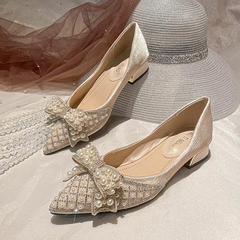 French Pointed Head Shallow Mouth Single Shoes Women's Thick Heel Non-slip Spring 2025 New Soft Sole Low Heel Ladyshoes Bridesmaid Crystal Shoes