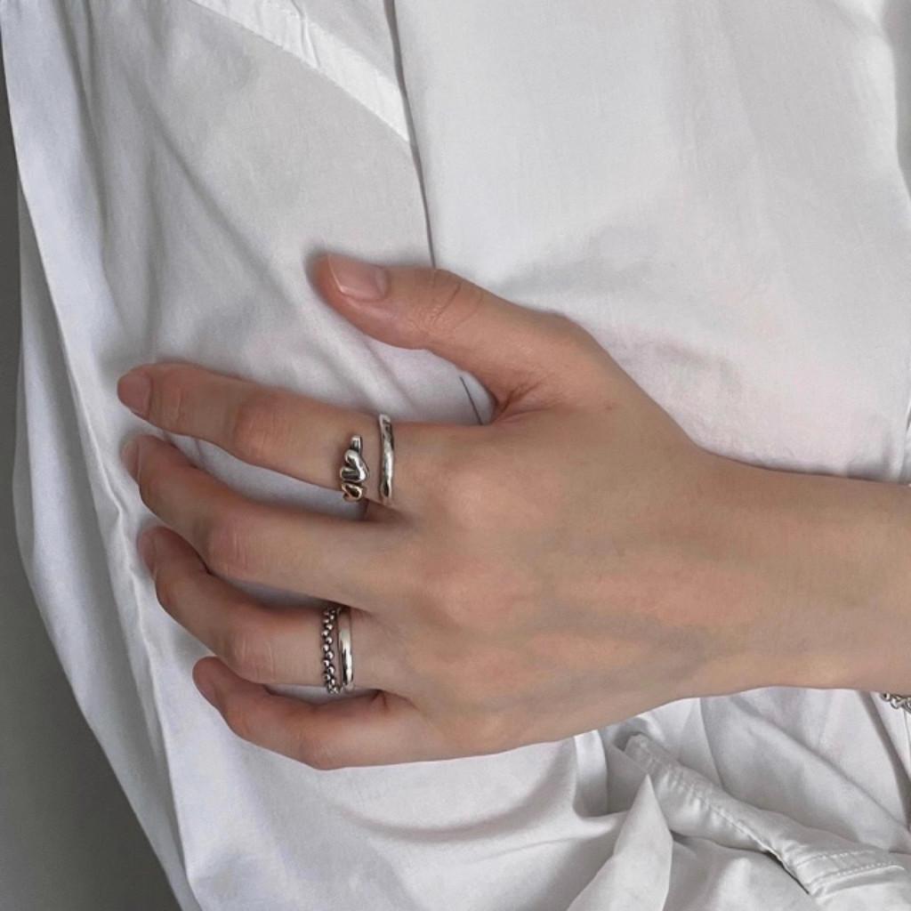 Korean Imported Vintage Handmade Textured Two Heart Adjustable Ring For Women