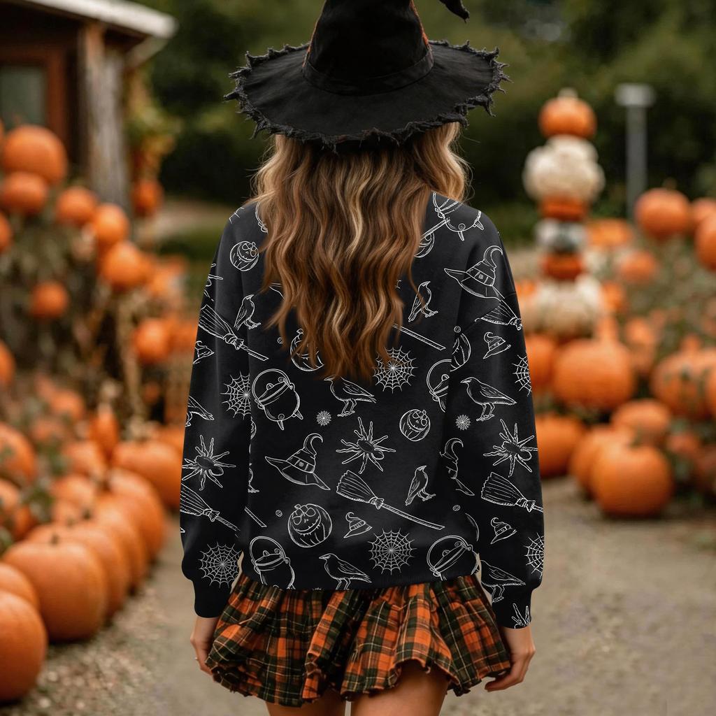 Women's Halloween Print Neck Pullover Sweatshirt, Long Sleeve Casual Fashion Top