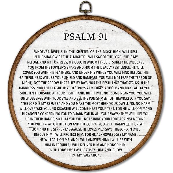 Motivational Psalm 91 Wall Art Decor, Christian Bible Verse Round Canvas Prints Wall Art, Religious Home Decor Rustic for Bedroom Office Living