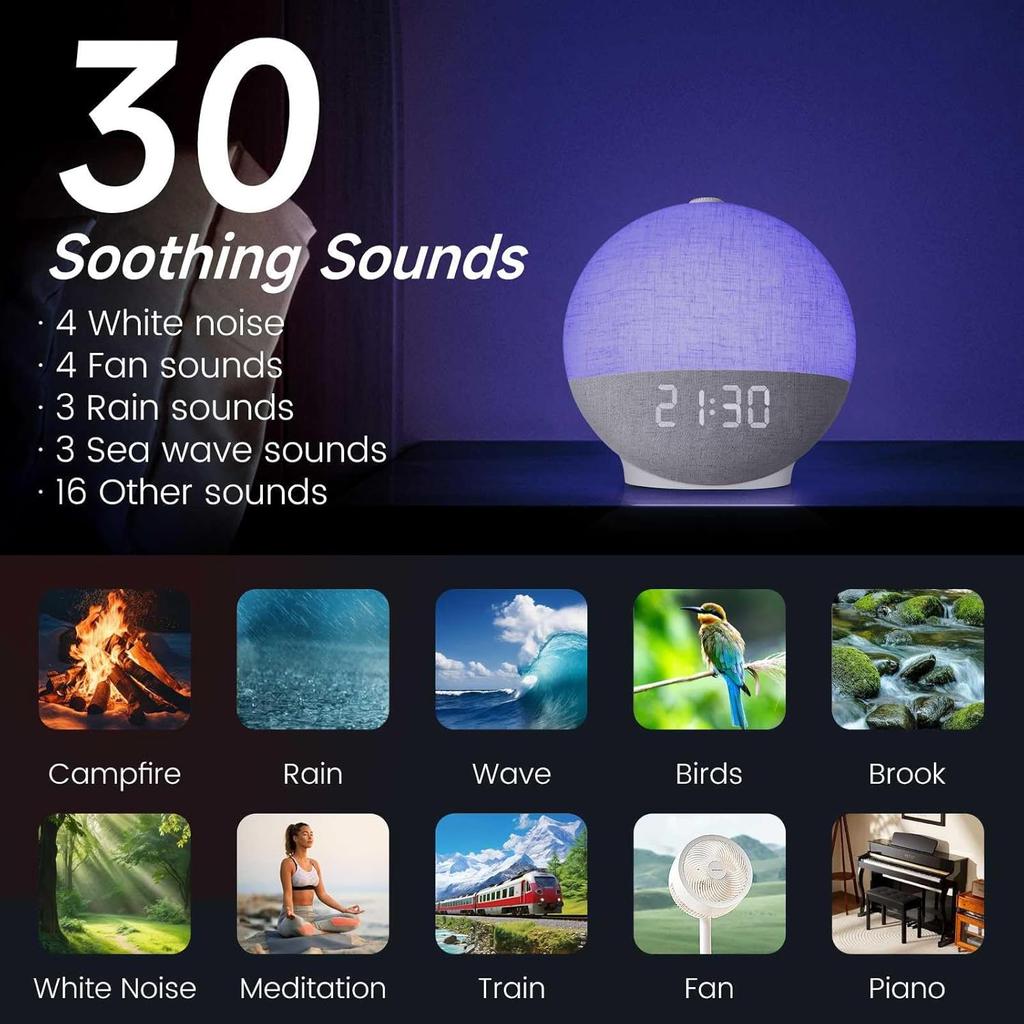 Wake Up Lights LED Night Light 30 Sleep Sounds Bluetooth Speaker White Noise Machine Sunrise Alarm Clock for Bedroom Ideal Gift