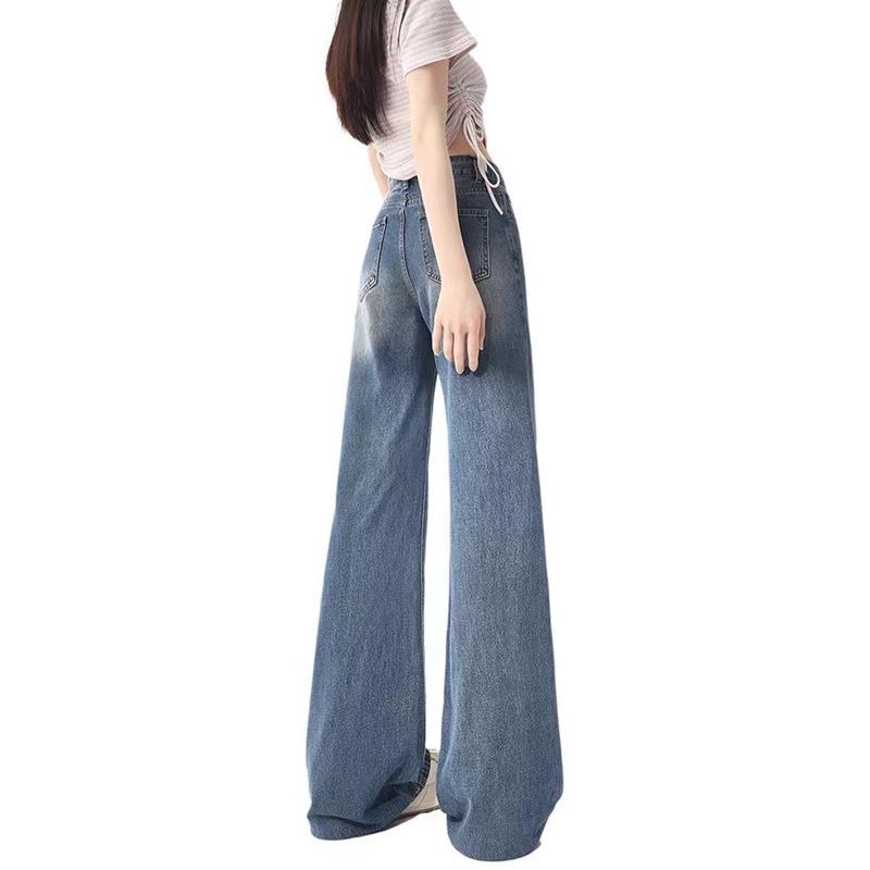 Plus Size High Waist Cartoon Embroidery Wide Leg Jeans for Women - Retro American Style, Spring/Fall