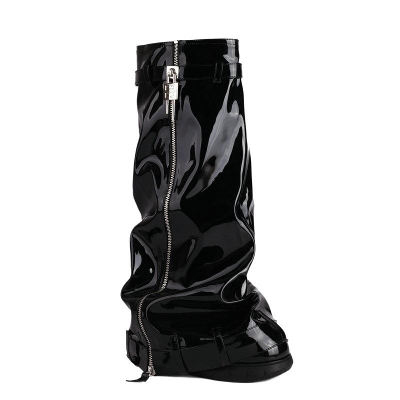 New Women's Tall Boots Patent Leather Thick-soled Round Head Large Size Boots Belt Buckle Wedge Trousers
