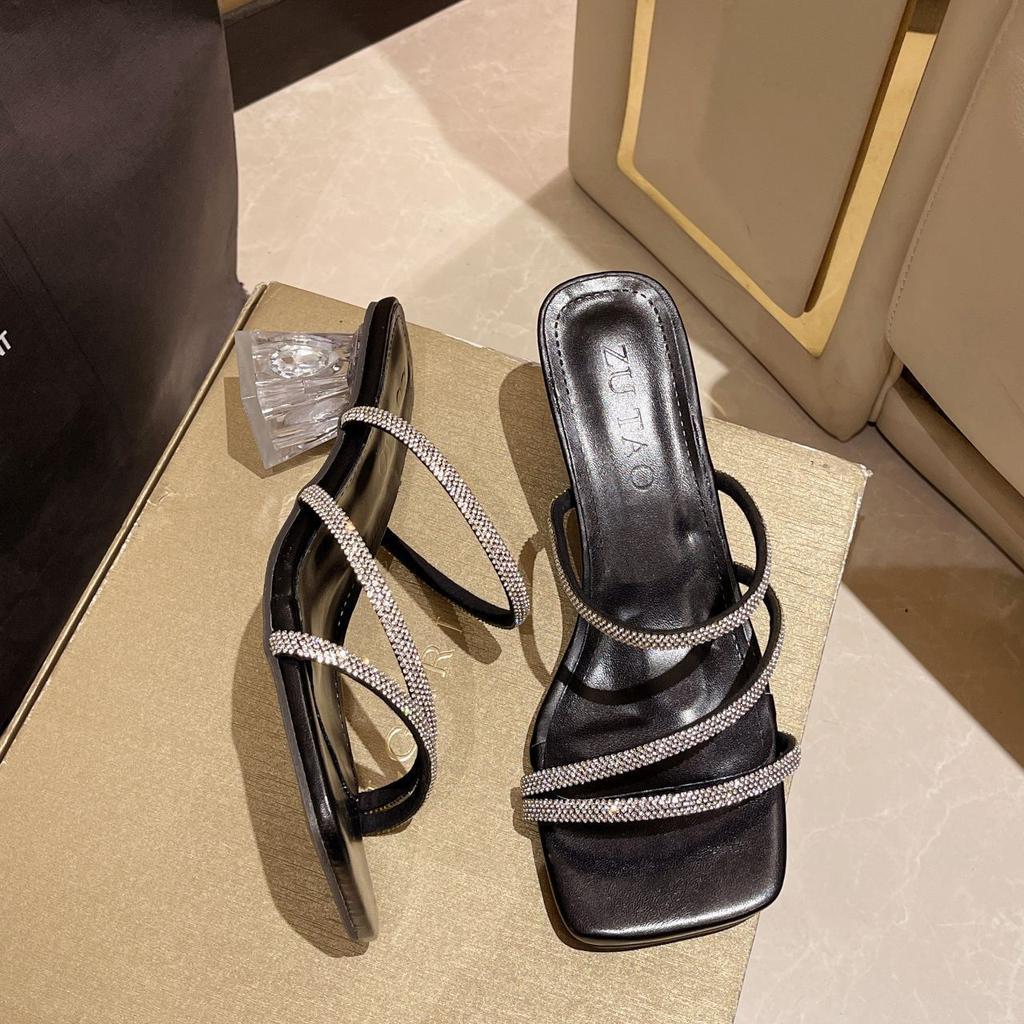 Crystal thick heel sandals with skirt rhinestone slippers 2025 new temperament high heel women's sandals women's summer wear