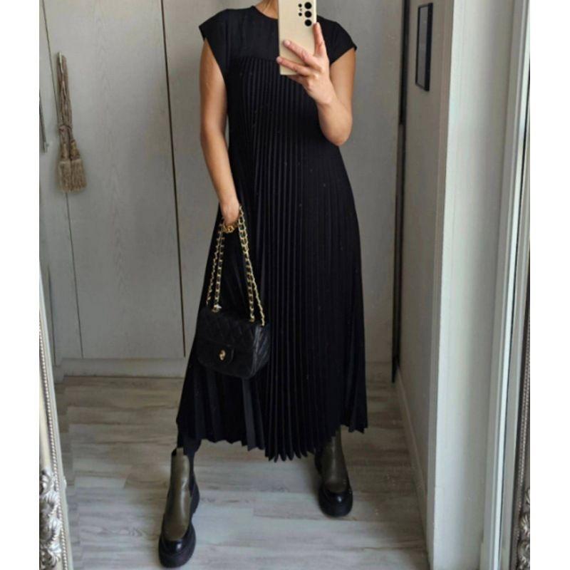 

European and American Women clothes 2025 Meat Covering Amazon Fashion Sexy Solid round Neck Pleated Big Hemline Jumpsuit DRESS Black L