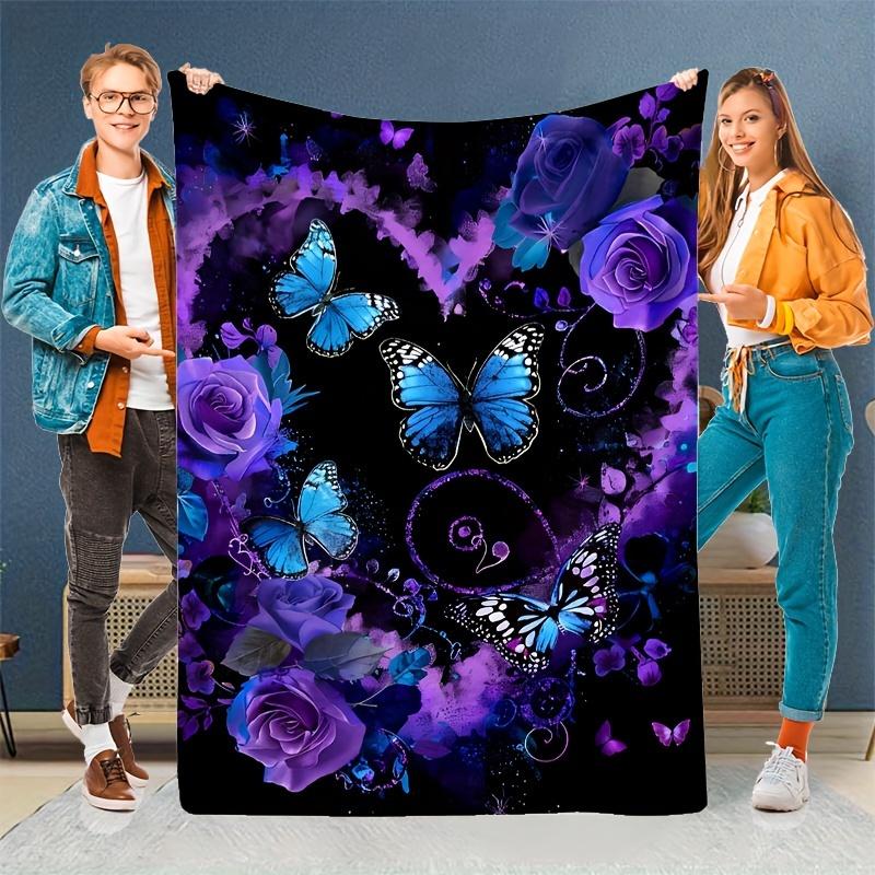 Vintage-Inspired Soft & Warm Plush Blanket with Purple Roses, Heart Garland & Blue Butterfly - Perfect for Living Room, Bedroom, Travel & Ca