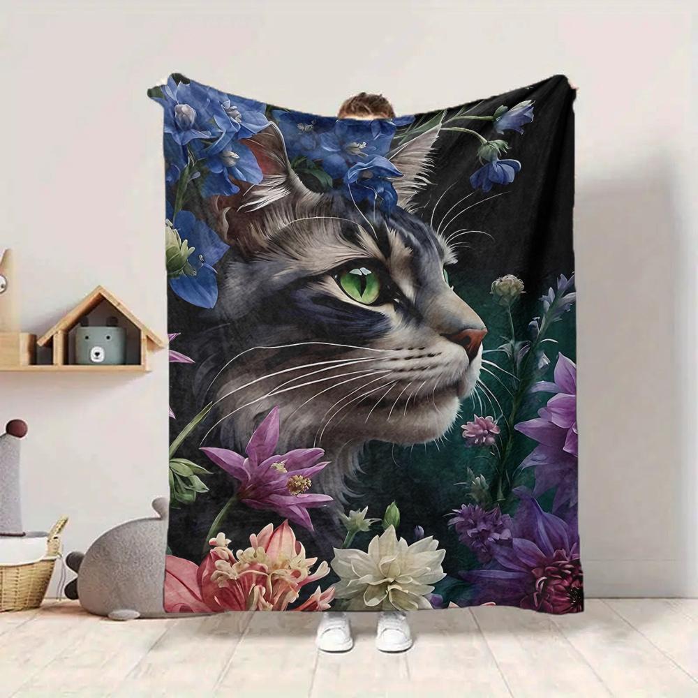 1Pc Cat Amidst Floral Splendor Flannel Blanket, Soft And Comfortable, Casual Warm, Camping Travel, Christmas, Halloween Xmas Gift. G116