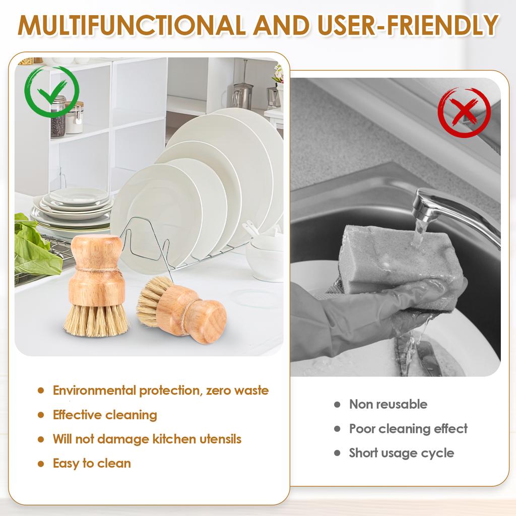 3Pcs Dish Brush Natural Dish Scrub Brush Wooden Cleaning Brush with Handle Kitchen Cleaning Tools for Washing Cast Iron Pan/Pot