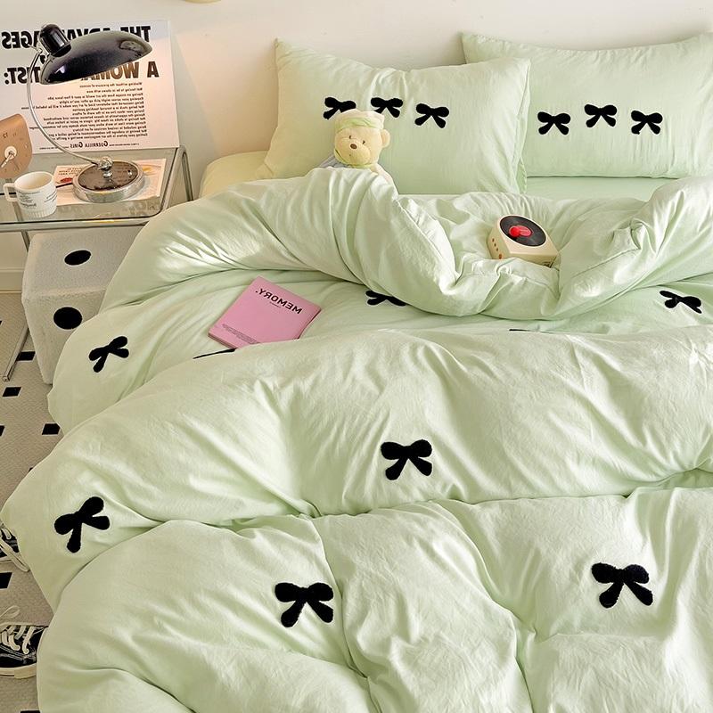 Black Bow Embroidery Duvet Cover 3 Pieces Set Girl Adult Bedroom Pink Decor Quilt Cover Solid Color Bedding with 2 Pillowcases