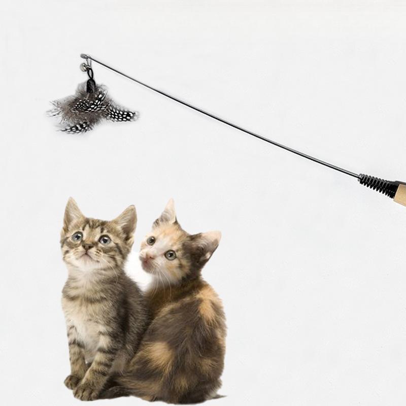 Wooden Handle Cat Teaser Toy with Detachable Feather and Bell for Boredom Relief