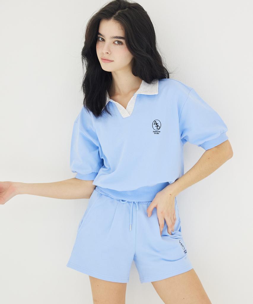 AWESOME STUDIO Color Block Collar Crop Sweatshirt Short Sleeve T-Shirt Sky Blue