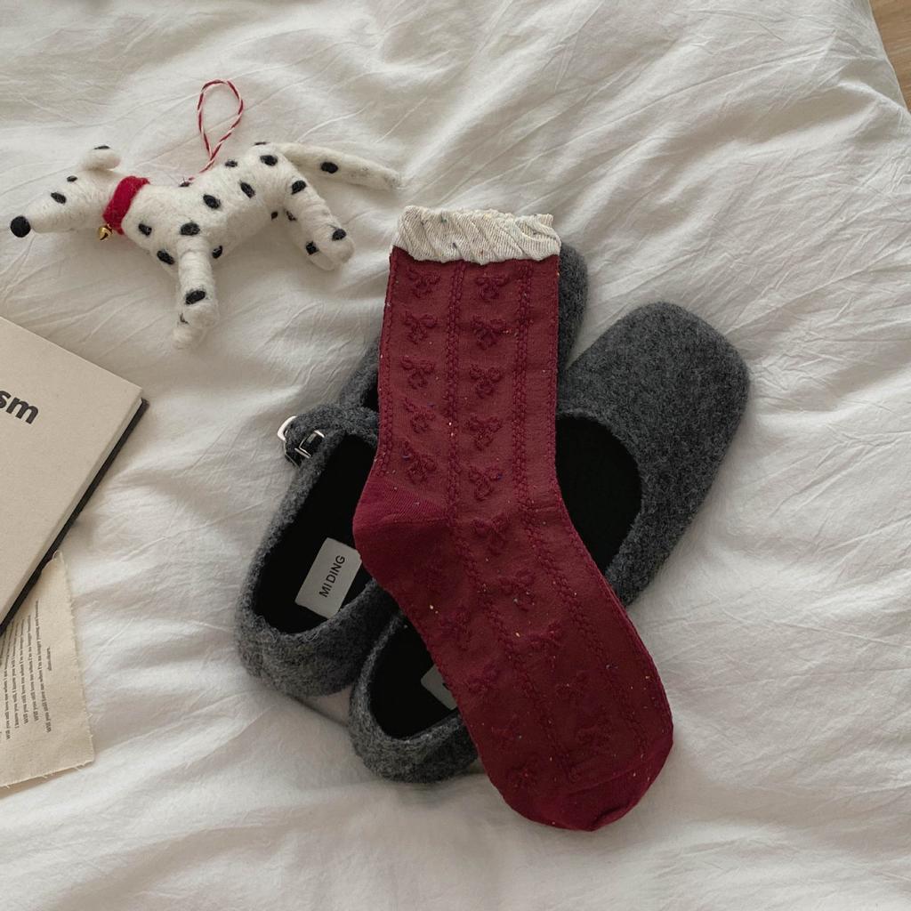 Berry Red Series'New Socks Rhombus Bow Medium Tube Socks Polka Dot Stacking Socks