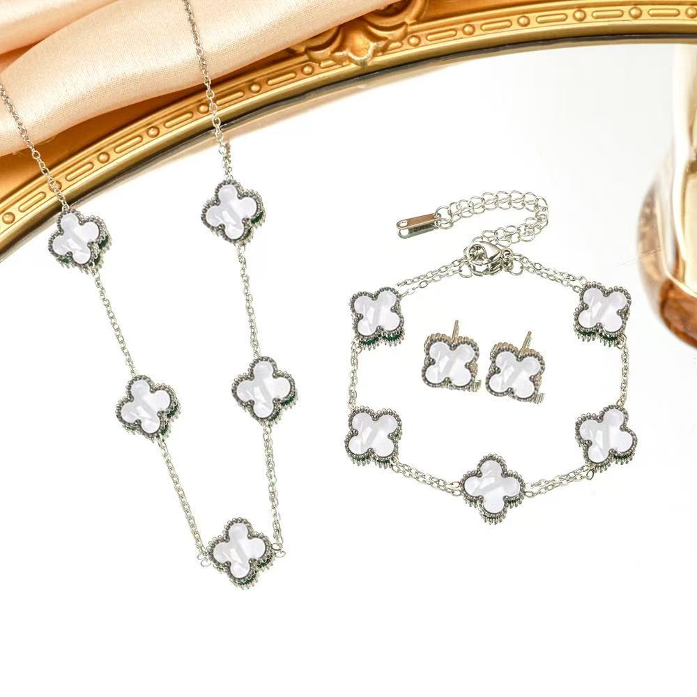 3PCS Titanium Steel Non Fading Double-sided Clover Necklace Bracelet Earring Set