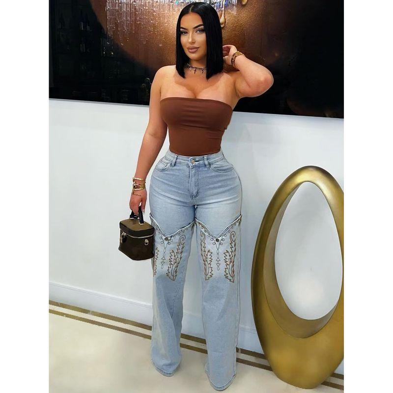 

S391349 Women Casual Embroider Straight-leg Denim Women 1# Blue S