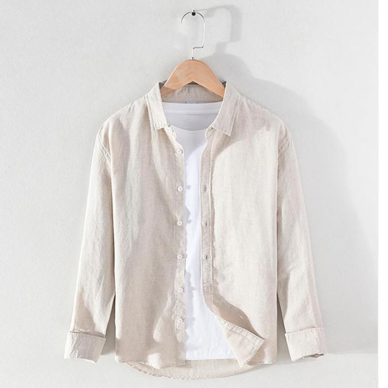 Vintage Men's Long-Sleeve Linen Shirt M-5XL Spring Summer Stand Collar Plain Color Single Breasted Streetwear