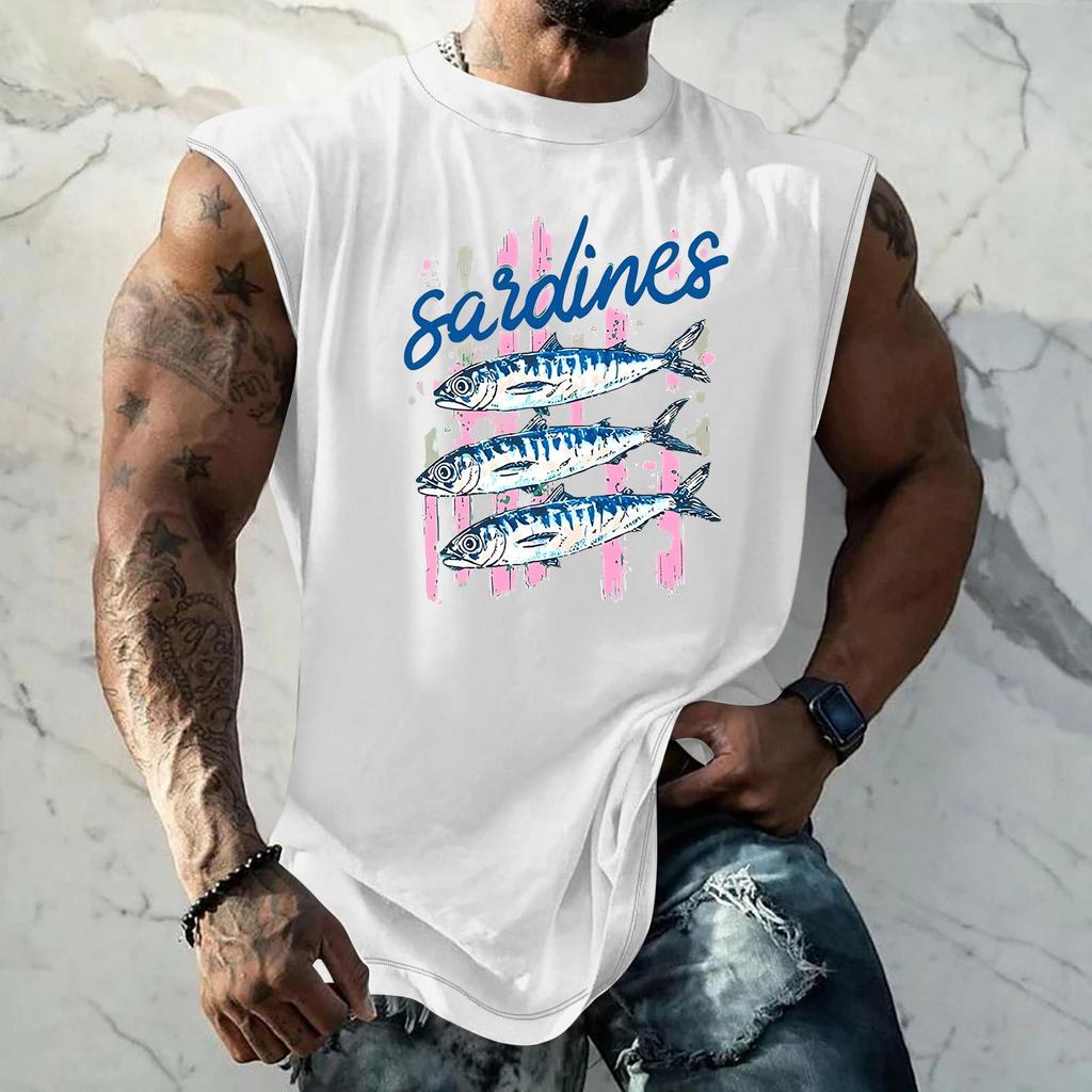 Pánské tílko s vtipným potiskem a retro texturou, volný střih, prodyšné, na letní sporty a streetwear, ležérní pro každodenní nošení