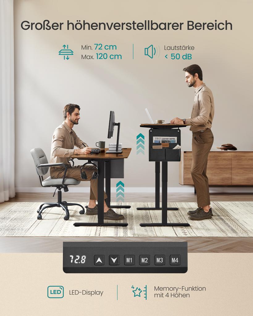 SONGMICS LSD136K01 Height-Adjustable Electric Desk, 70 x 160 x 72–120 cm, Memory Function with 4 Heights, for Home Office, Study, Vintage Brown