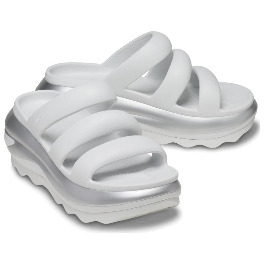 Crocs Mega Crush Metallic Triple Strap Comfortable and Versatile Slippers Women's Silver