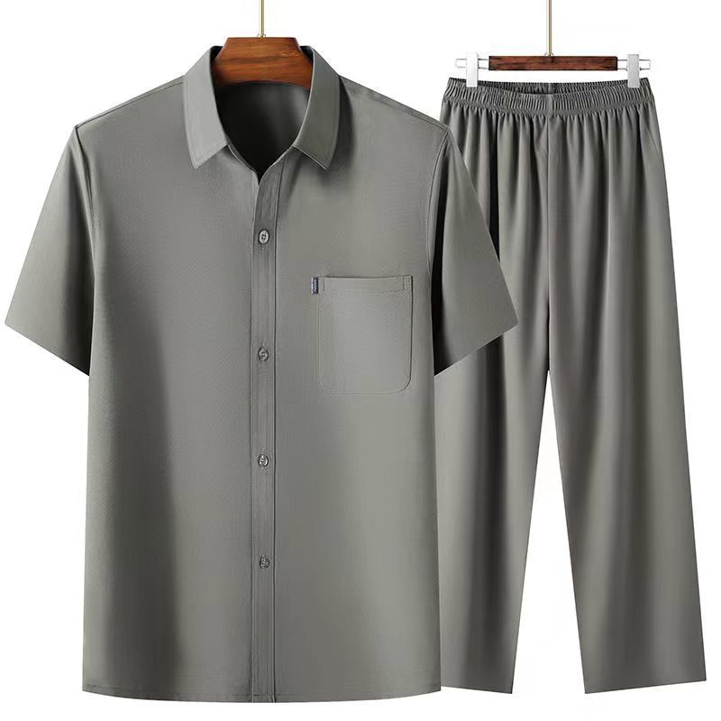 Ice Silk Short-sleeved Thin Shirt Men's Summer Suit Summer Clothes Men's Shirt + Pants Suit