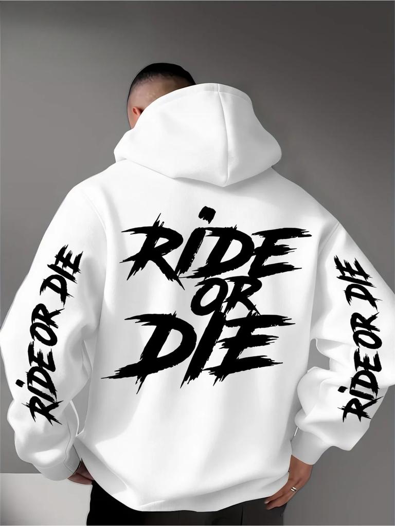 Men's "Life and Death Together" Patterned Hooded Sweatshirt, Loose-fitting Street Style Sports Pullover, Casual Autumn and Winter Style.