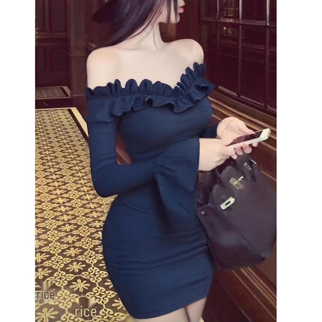 Women's One-Shoulder Dark Blue Lace Dress - 2025 Autumn Retro Style, Slim Fit, Hip-Hugging Short Skirt