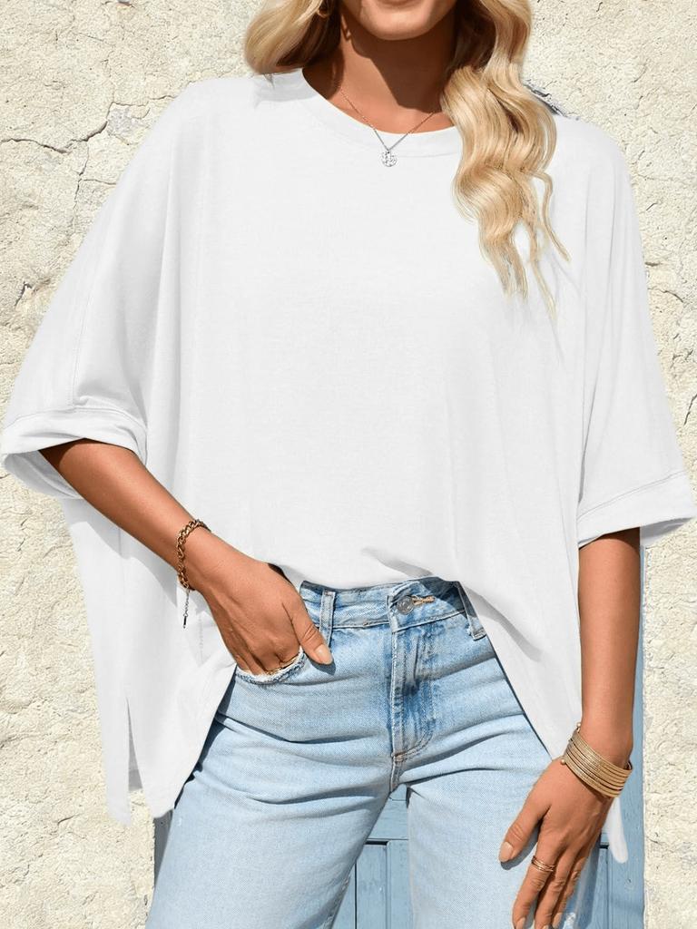 Womens Oversized Batwing T Shirt Short Sleeve Asymmetric Hem Tunic Top