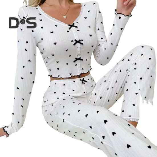 Women Lace Trim Pajama Set Long Sleeve V-Neck Front Button Tops Full-Length Pants Sleepwear Nightwear