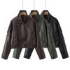 Womens 2026 Fall Stand Collar PU Leather Moto Jacket Slim Fit Short Cropped Outerwear In Chestnut Olive Black