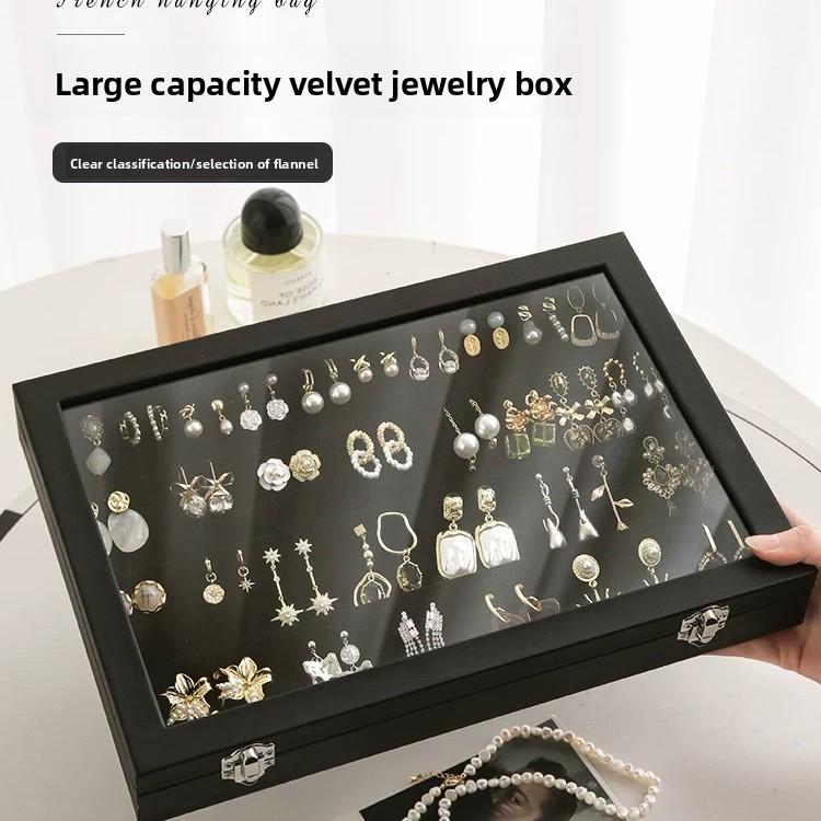 Leather Jewelry Box With Glass Cover For Necklaces Rings Earrings Bracelets Storage