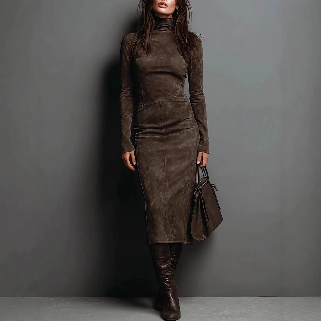 New Autumn Models, European and American Retro, Turtleneck Long Dress, Solid Color Waist Bottom Long-sleeved Dress