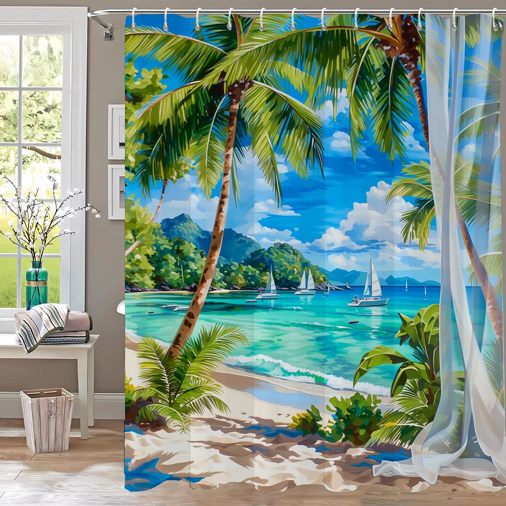 

Sunshine Seaside Scenery Beach Shower Curtain, Bathroom Decorative Shower Curtain, Printed Polyester Home Curtain with Hooks 90x180cm-35x70in
