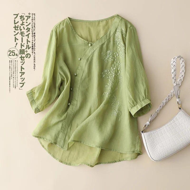 Purple short-sleeved cotton and linen shirt for women who are thin and cover their stomachs. Loose large-size disc-buckled cotton