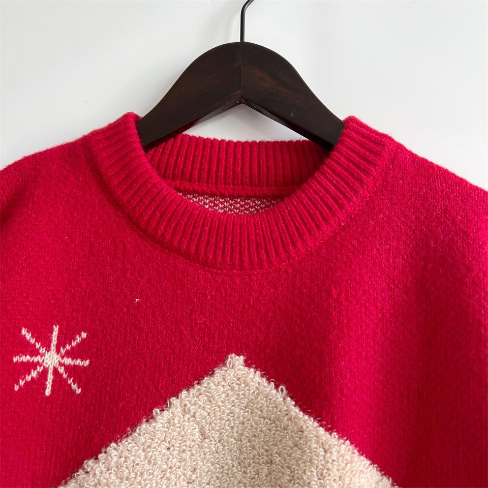 Christmas Tree Jacquard Gold Thread Knitted Round Neck Long Sleeve Loose Hoodie Thickened Christmas Sweater for Women 3533 KTB