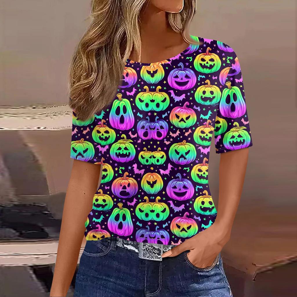 Women's Casual Short Sleeve Pullover Top Halloween Pumpkin Ghost Bat Print Round Neck Loose Fit Shirt for Autumn
